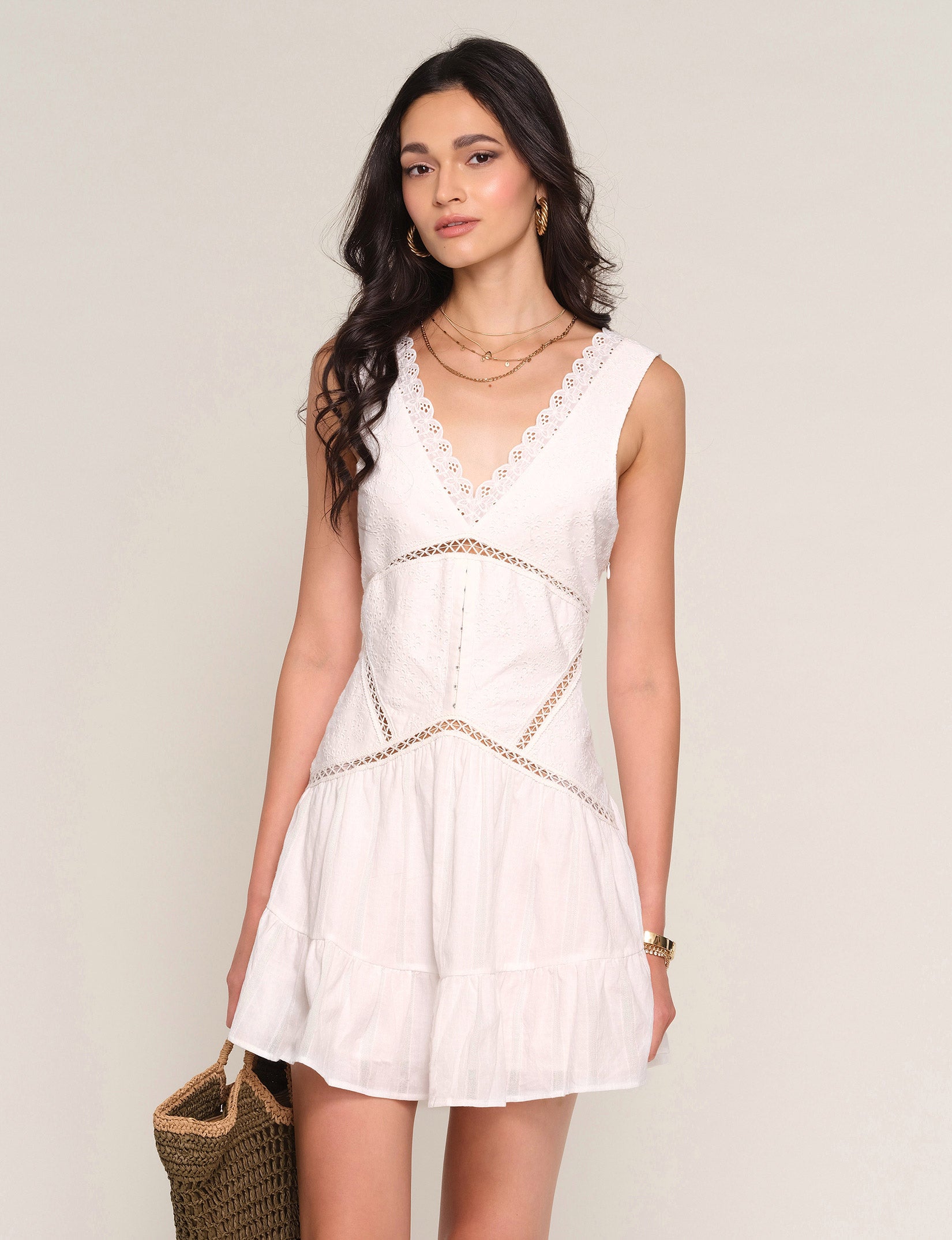 knee length dresses for ladies Heartloom Cella Embroidered Eyelet Puff Sleeves Smocked Tiered Mini Dress Black / L